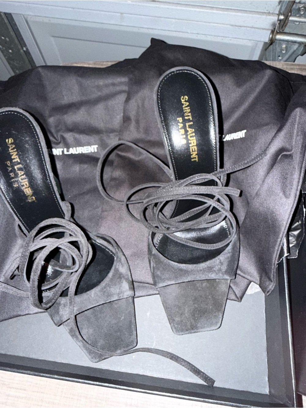 YSL -NIB size 6.5 Saint Laurent Black Suede Lace-Up Square Sandal green Heels